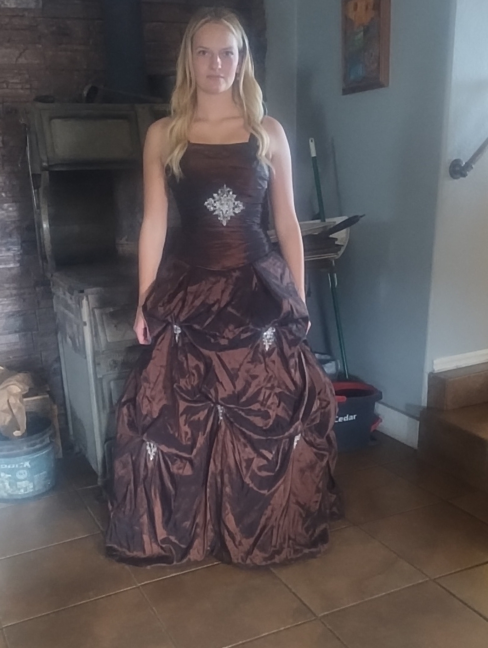 Brown Formal Ball Gown with Embellished Appliqués